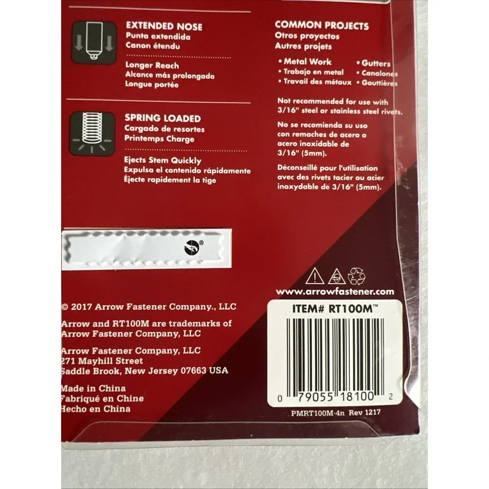 Arrow‎ One-Handed Swivel Riveter Tool RT100M Molded Grip 100% Steel Red E25